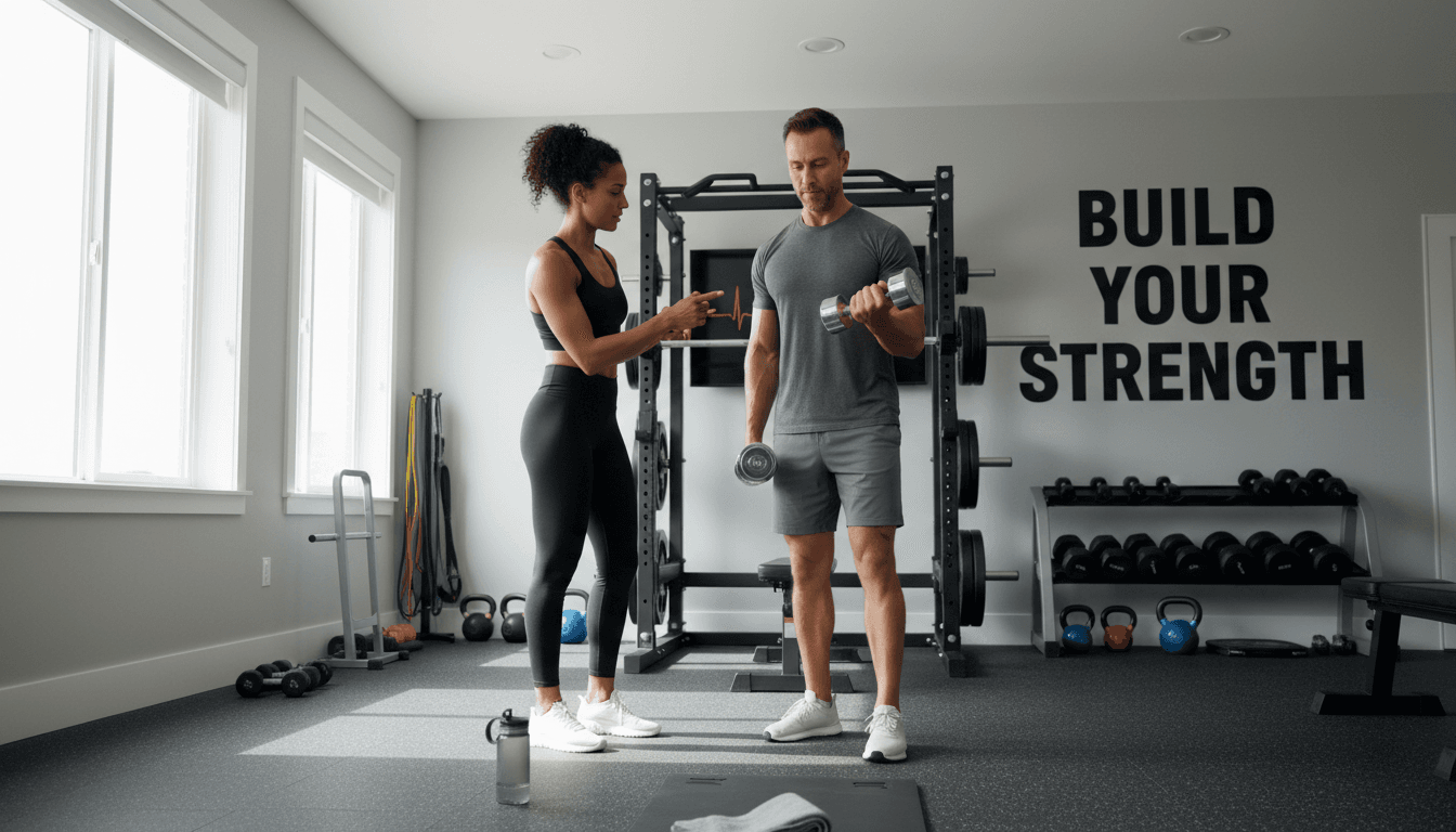 Personal trainer coaching a client with dumbbells in a private home gym