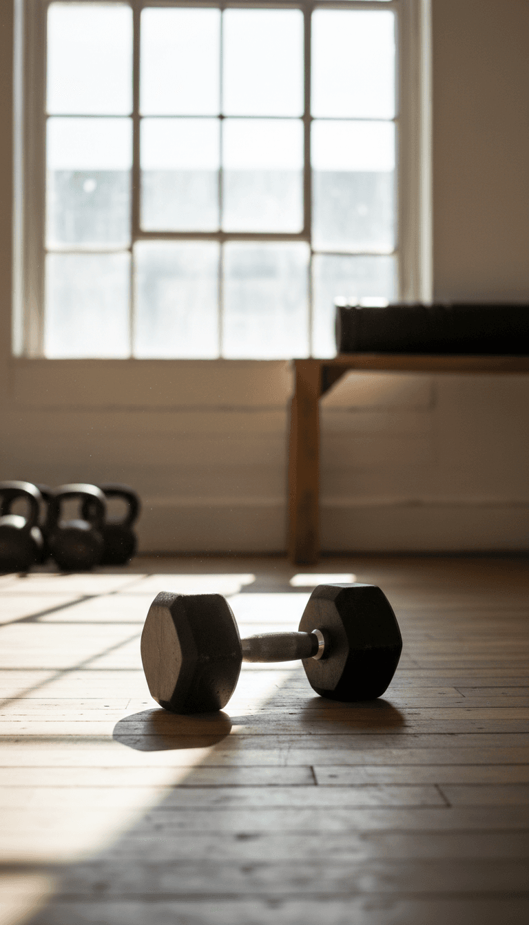 Home gym in Gowanus with dumbbell on wooden floor