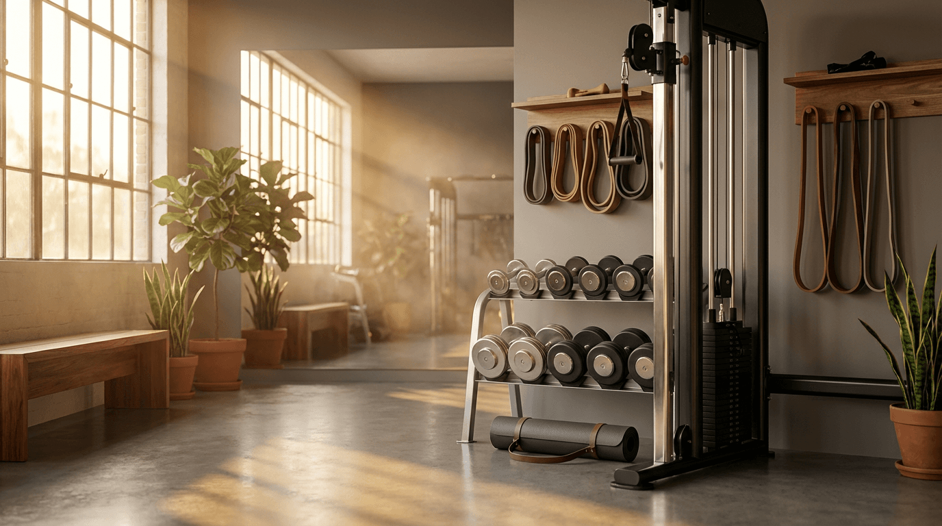 Barbell and dumbbells in a tidy home gym with exposed brick and morning light