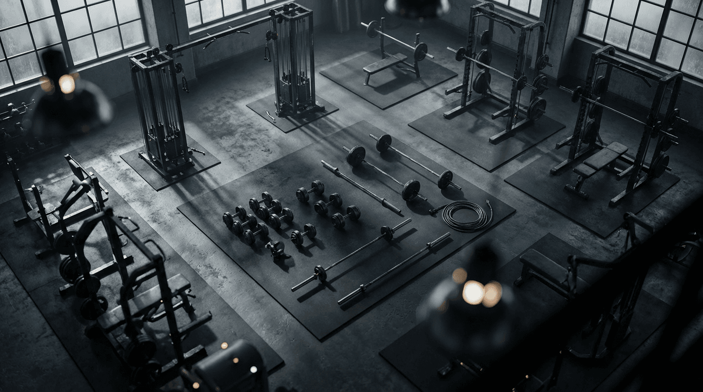 Barbell on rack in a compact home gym with chalk on knurling and muted concrete walls