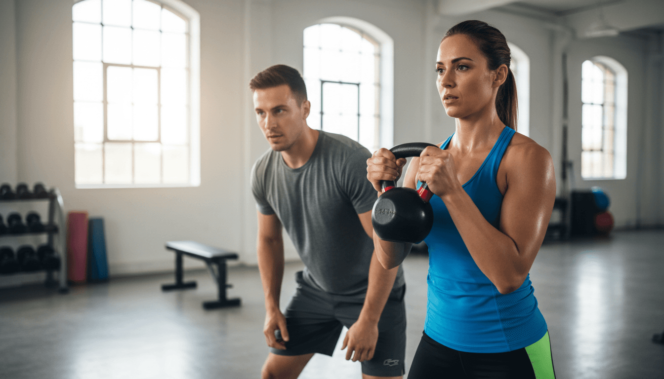 Trainer demonstrating kettlebell swing to client