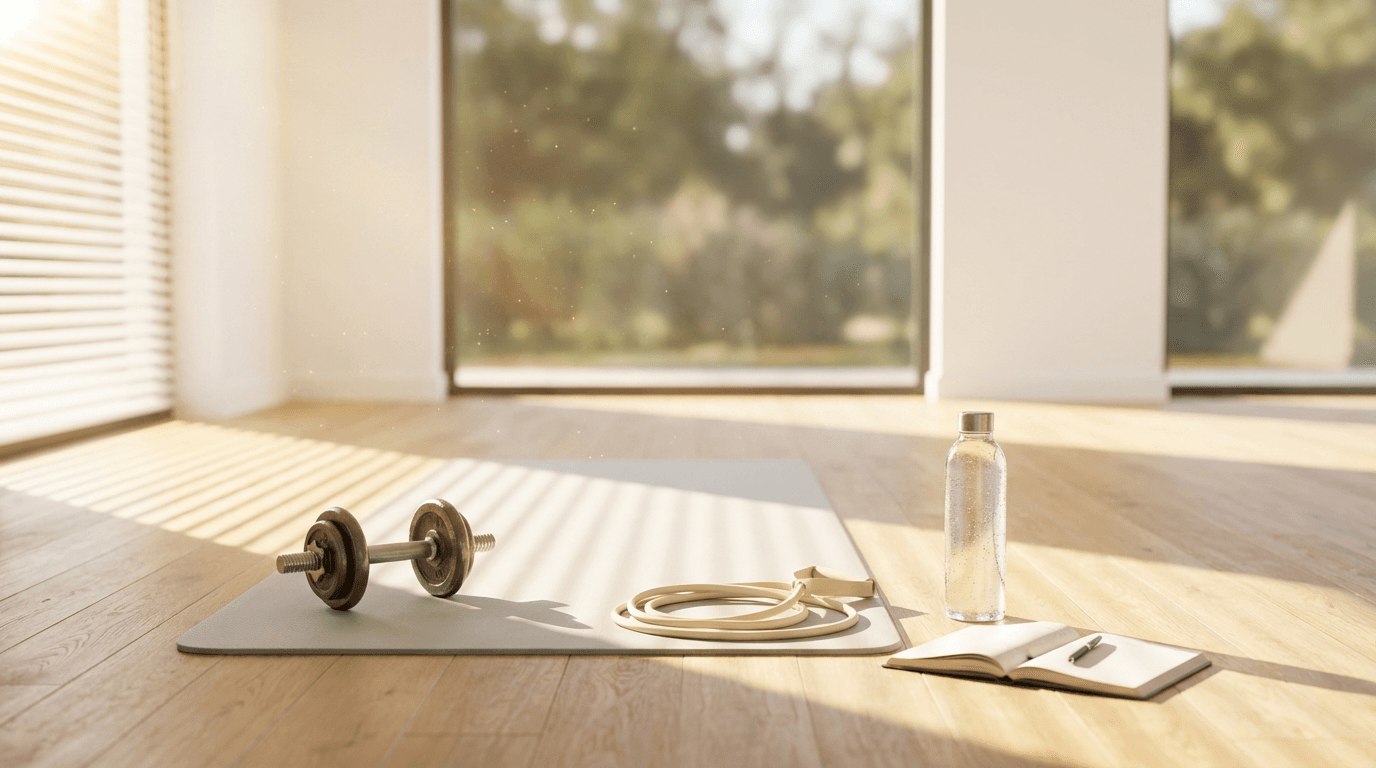 Home gym setup in Gowanus with barbell and kettlebells on a rubber mat, natural light from a window
