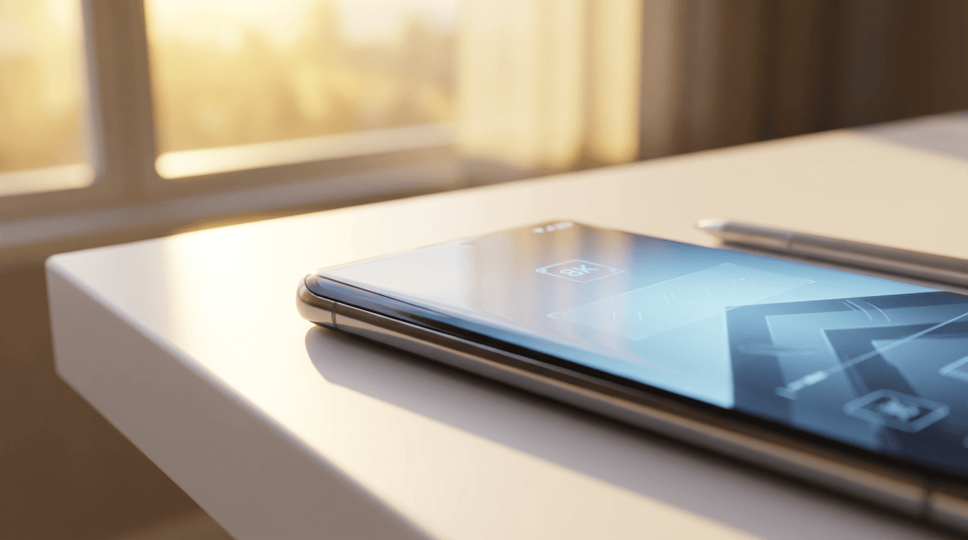Smartphone and laptop on desk with morning light