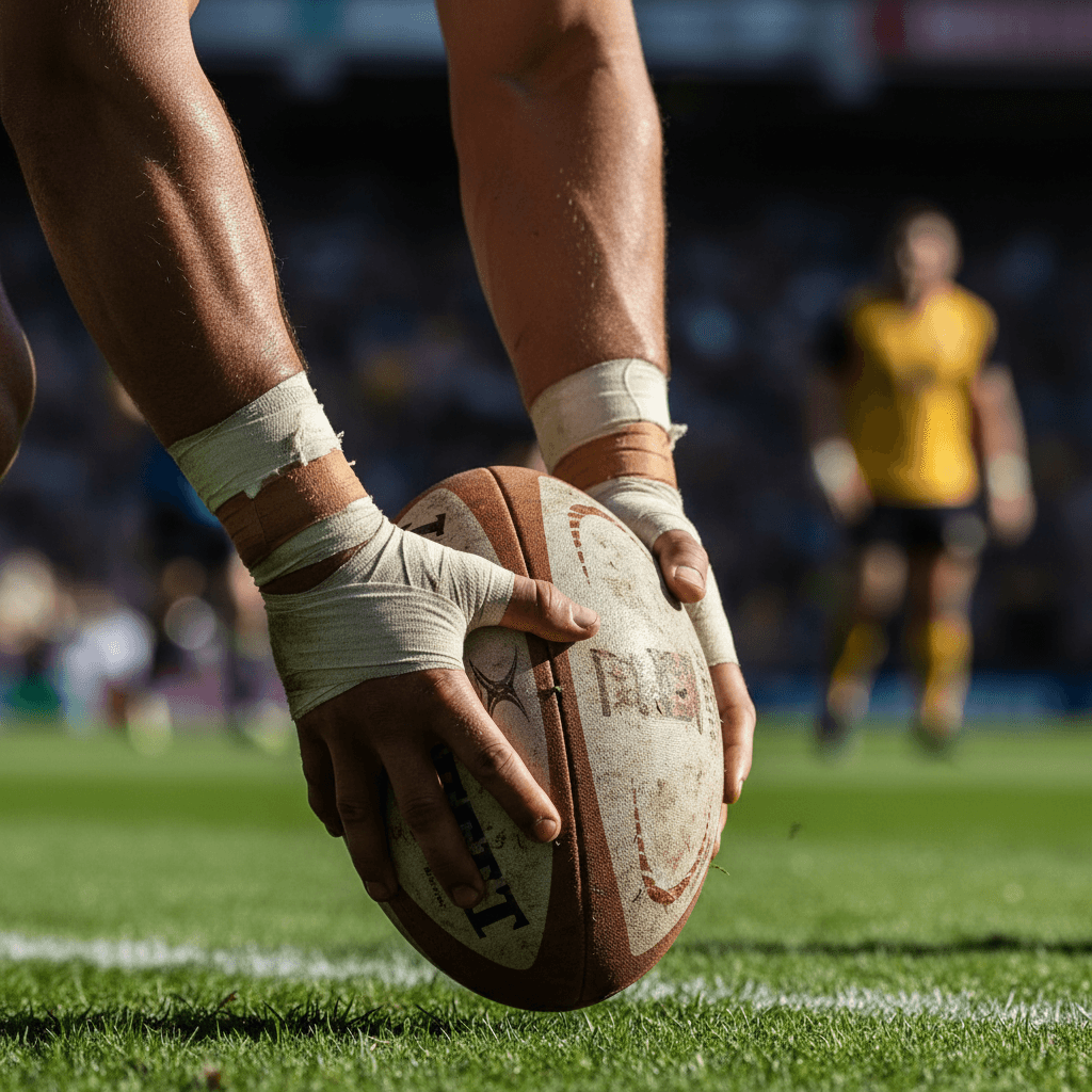 Worn rugby cleats on gym floor with rugby ball