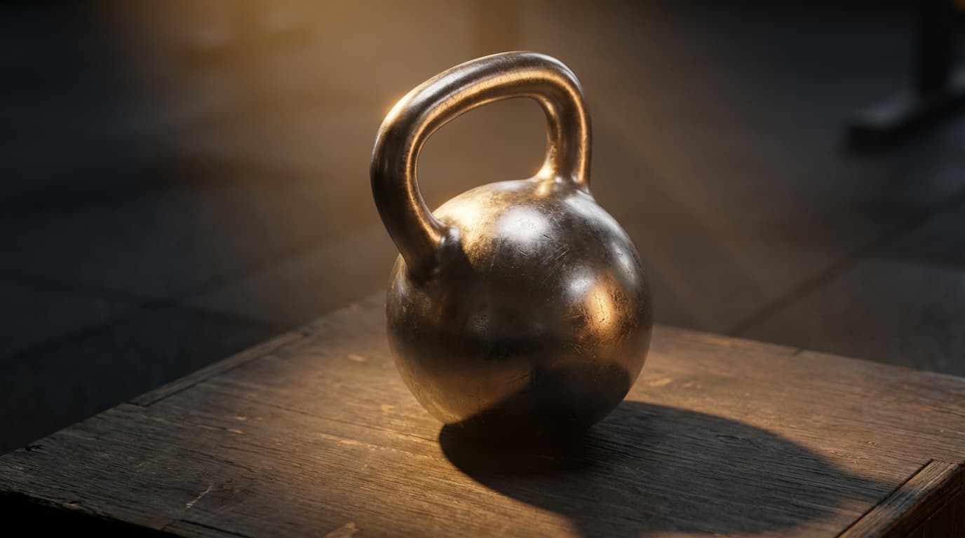 Kettlebell resting on a concrete floor in a home gym in Gowanus, Brooklyn